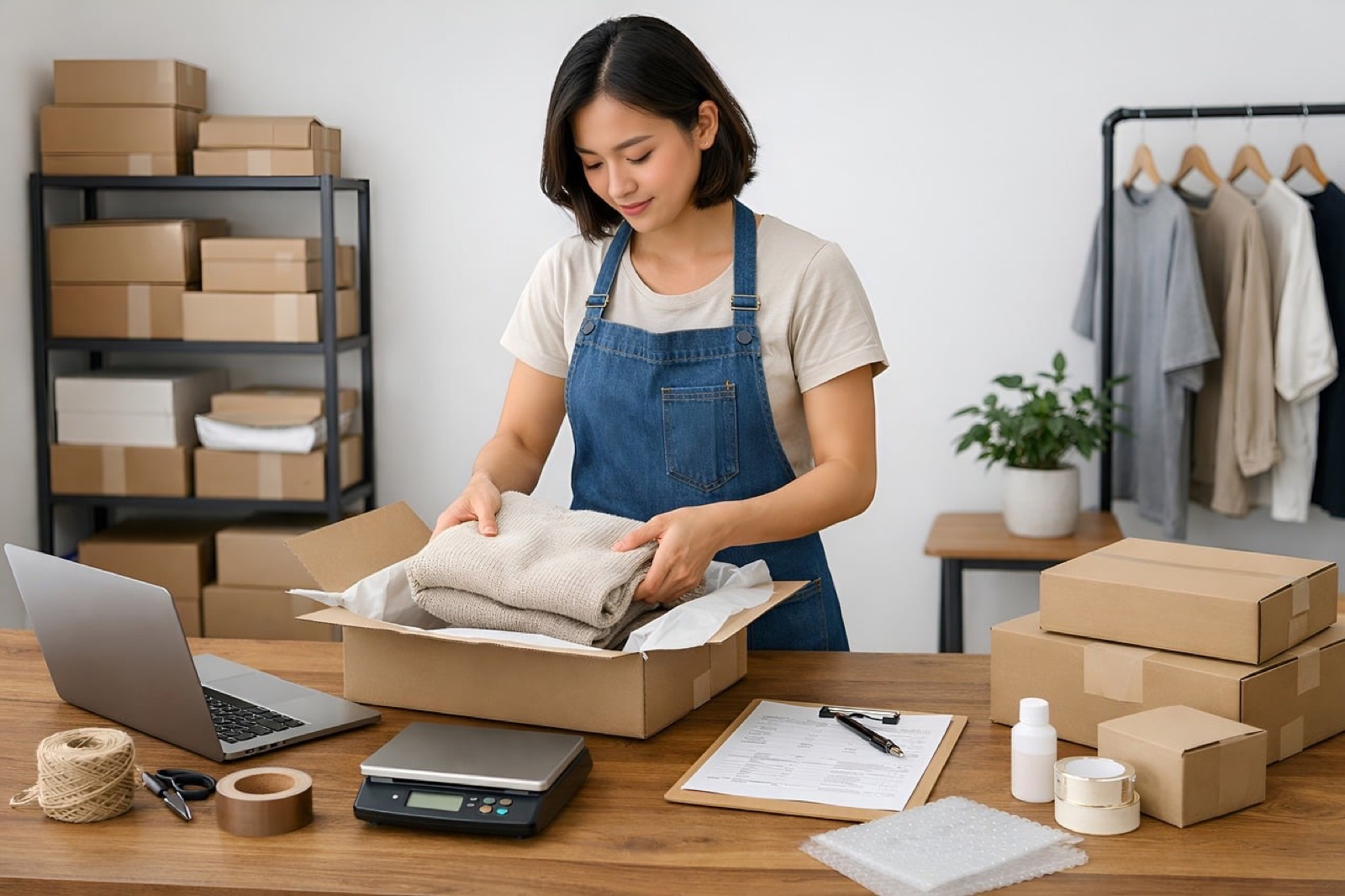 Commerçant préparant des colis pour les commandes en ligne de sa boutique